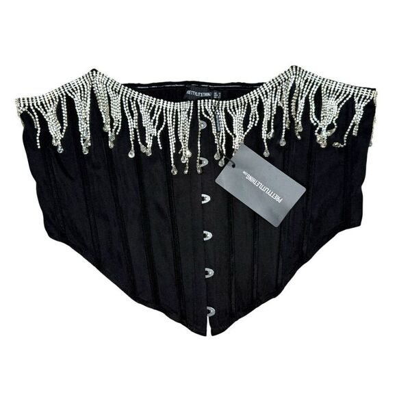 Pretty Little Thing Women’s 14 Black Diamanté Fringe Detail Corset Top NEW - Picture 2 of 7